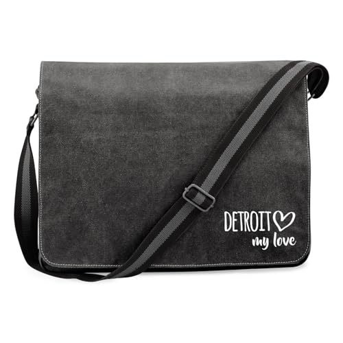 Huuraa Crossbody Bag Detroit my love Geschenk 14 Liter Black Canvas Detroit Accessoire von Huuraa