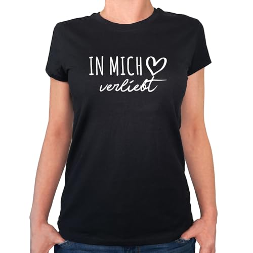 Huuraa Damen T-Shirt In Mich verliebt Geschenk Größe XS Black Bio Baumwolle Fairtrade In Mich Mode von Huuraa