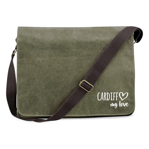 Huuraa Schultertasche Cardiff my love Geschenk 14 Liter Military Green Canvas Cardiff Mitbringsel von Huuraa