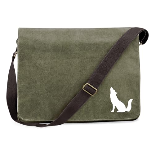 Huuraa Schultertasche Heulender Wolf Silhouette Geschenk 14 Liter Military Green Canvas Heulender Wolf Mitbringsel von Huuraa