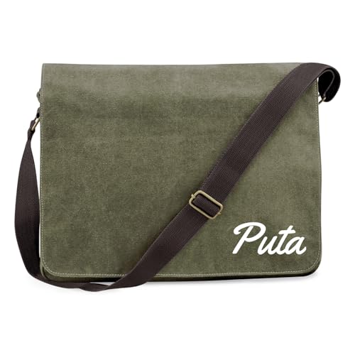 Huuraa Schultertasche Puta spanisch Schriftzug Geschenk 14 Liter Military Green Canvas Puta Mitbringsel von Huuraa