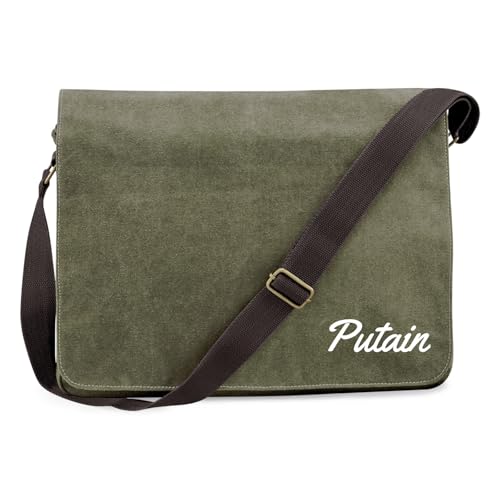 Huuraa Schultertasche Putain französisch Schriftzug Geschenk 14 Liter Military Green Canvas Putain Mitbringsel von Huuraa