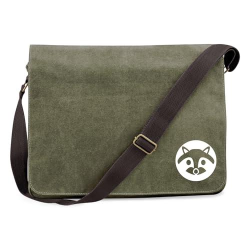 Huuraa Schultertasche Waschbär Kopf Silhouette Geschenk 14 Liter Military Green Canvas Waschbär Kopf Mitbringsel von Huuraa