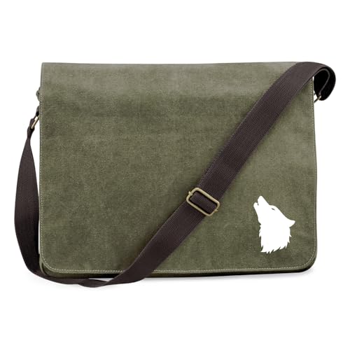 Huuraa Schultertasche Wolf Kopf Silhouette Geschenk 14 Liter Military Green Canvas Wolf Kopf Mitbringsel von Huuraa