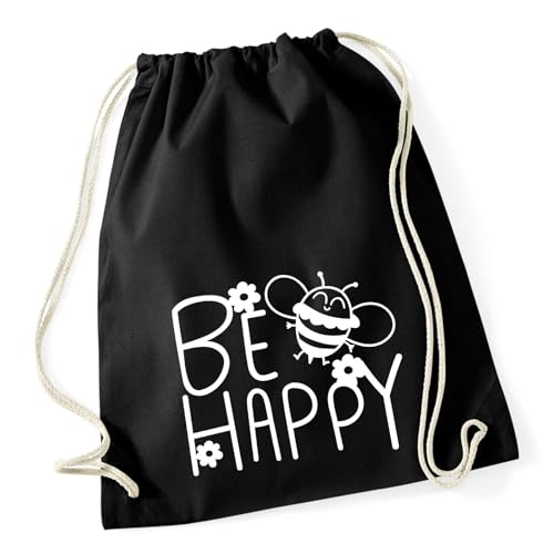 Huuraa Turnbeutel Be Happy Biene Geschenk 12 Liter Black Baumwolle Be Happy Präsent von Huuraa