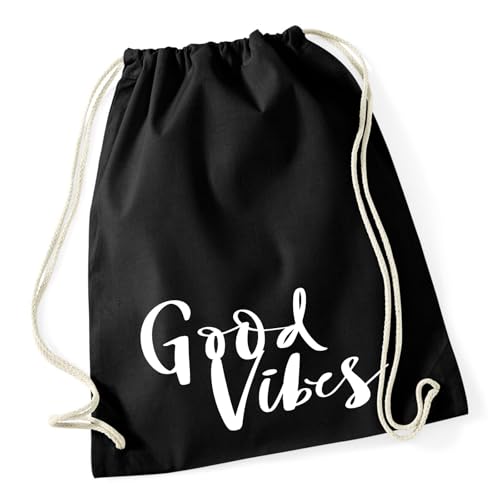 Huuraa Turnbeutel Good Vibes Schriftzug Geschenk 12 Liter Black Baumwolle Good Vibes Präsent von Huuraa