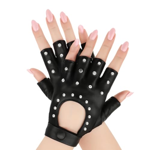 Huybaa Lederhandschuhe Damen, Handschuhe Stilvolle Fingerlose aus Leder Punk Handschuhe für Halloween Damen Mädchen Cosplay Performance Schwarz von Huybaa