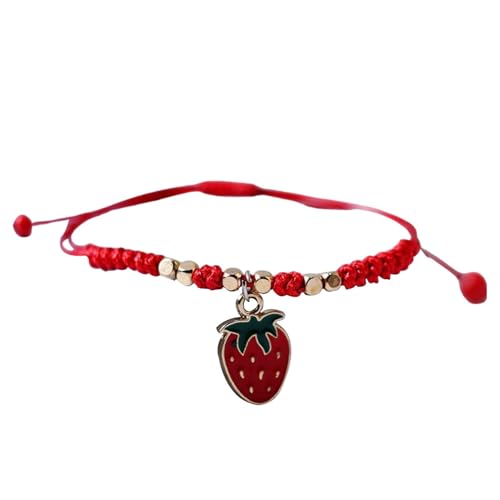 Rote Seil-Amulett-Armbänder, Erdbeer-Kirsch-Armband, rote Kordel-Charm-Armbänder, geflochtenes Armband mit Fruchtanhängern, süßer Schmuck für Frauen und rag, riferimento alla descrizione, Metall, von Huyeruie