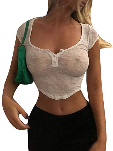 Frauen Sexy Transparente T-Shirts Crop Top V-Ausschnitt Knöpfe Kurzarm Kurz T-Shirts Bluse (White, Large) von Huyghdfb