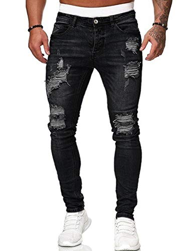 Huyghdfb Herren Casual Biker Skinny Stretch Distressed Jeans Casual Slim Fit Hose, Schwarz , 27-32 von Huyghdfb