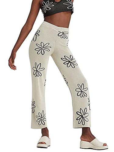 Huyghdfb Lässige gerippte Strickhose mit hoher Taille, ausgestelltes Bein, Blumendruck, lange Hose, beige, S von Huyghdfb