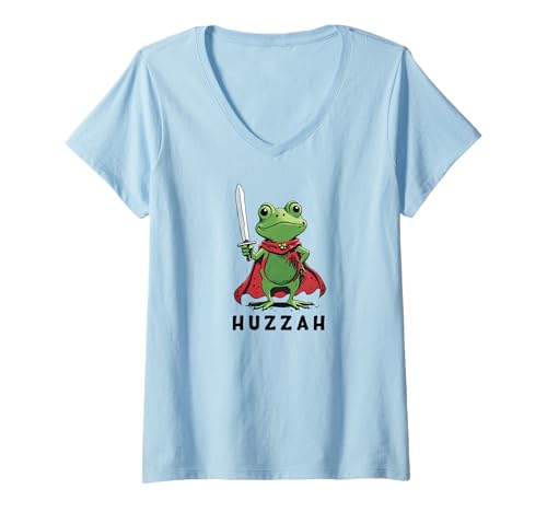 Damen Huzzah Frosch Knight Mittelalterliche Fantasy Gamer Meme T-Shirt mit V-Ausschnitt Damen Huzzah Frosch Knight Mittelalterliche Fantasy Gamer Meme T-Shirt mit V-Ausschnitt von Huzzah Frog with Sword Nerd Humor