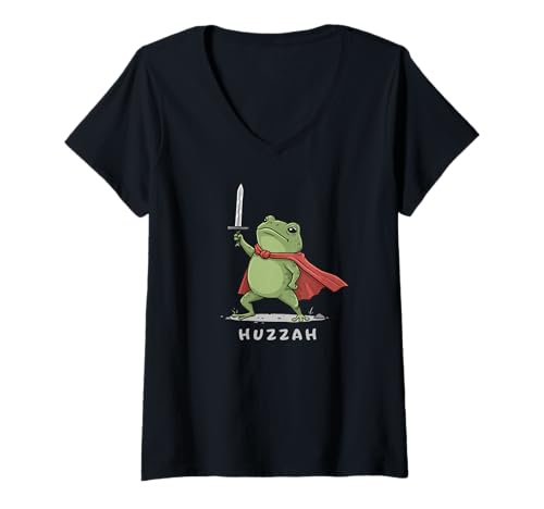 Damen Huzzah Frosch Knight Mittelalterliche Fantasy Gamer Meme T-Shirt mit V-Ausschnitt Damen Huzzah Frosch Knight Mittelalterliche Fantasy Gamer Meme T-Shirt mit V-Ausschnitt von Huzzah Frog with Sword Nerd Humor