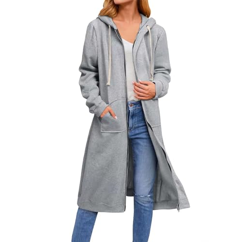 Hveuluop Gieen Damen Kapuzen-Sportjacke Damen Warm Zip Rendezvous Wind Elegant Hoodie Schweißpullover Lange Jacke (DE/NL/SE/PL, Alphanumerisch, L, Regular, Regular, Gray) von Hveuluop Gieen