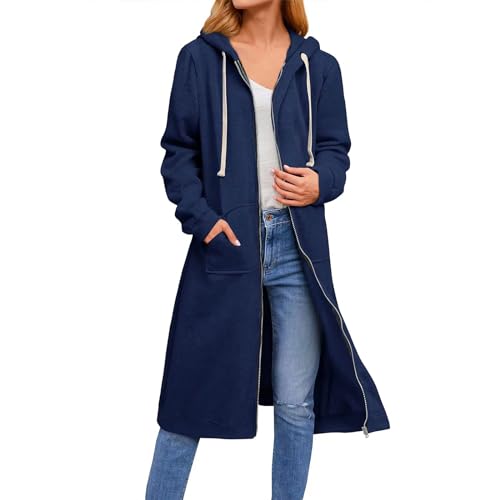 Hveuluop Gieen Damen Kapuzen-Sportjacke Damen Warm Zip Rendezvous Wind Elegant Hoodie Schweißpullover Lange Jacke (DE/NL/SE/PL, Alphanumerisch, L, Regular, Regular, NavyBlue) von Hveuluop Gieen