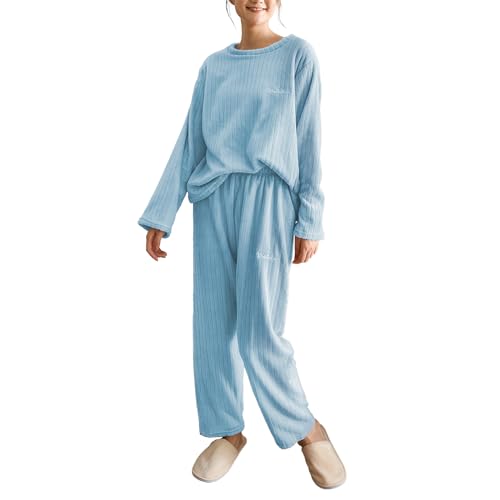 Hveuluop Gieen Damen Schlafanzug Vertikal Streifen Set Herbst Winter Solide Farbe Korallen Samt Freizeit Haus tragen Pyjamas Zwei Sätze (DE/NL/SE/PL, Alphanumerisch, L, Regular, Regular, Blue) von Hveuluop Gieen