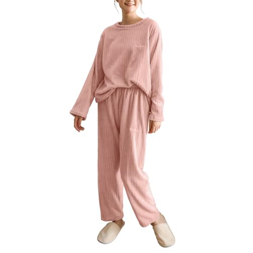 Hveuluop Gieen Damen Schlafanzug Vertikal Streifen Set Herbst Winter Solide Farbe Korallen Samt Freizeit Haus tragen Pyjamas Zwei Sätze (DE/NL/SE/PL, Alphanumerisch, L, Regular, Regular, Pink) von Hveuluop Gieen