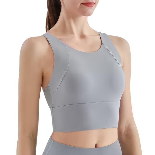 Hveuluop Gieen Racerback-Sport-BH für Damen – Bügelloser, Fest Gepolsterter U-Ausschnitt, Langer Workout Bra, Starker Halt, Stoßfester Yoga-Bustier von Hveuluop Gieen