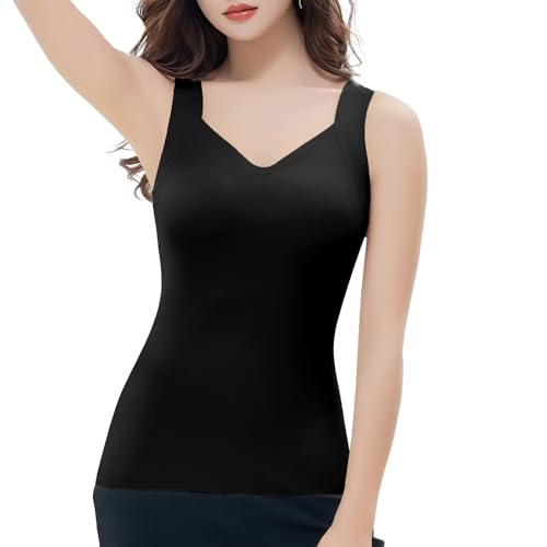 Hveuluop Gieen Damen V-Ausschnitt Einbau-BH 2-in-1-Thermo-Unterwäsche Spurlos Hochelastisch Körperformung Bottoming Tank Tops (DE/NL/SE/PL, Alphanumerisch, L, Regular, Regular, Black) von Hveuluop Gieen