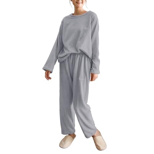 Hveuluop Gieen Damen Warm Pyjamas - Rundkragen Gestreift Koralle Samt Pyjamas Plus Samt Homewear Set Herbst Winter Casual Komfortabel von Hveuluop Gieen