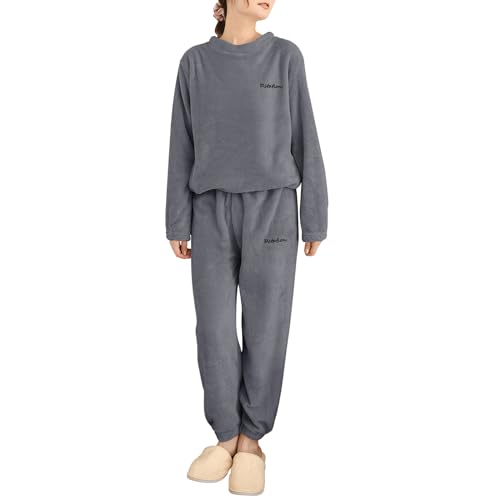 Hveuluop Gieen Damen Warm Rundkragen Bequem Koralle Samt Pyjamas gepolstert Herbst Winter Homewear Zweiteiliges Set(Gray) von Hveuluop Gieen