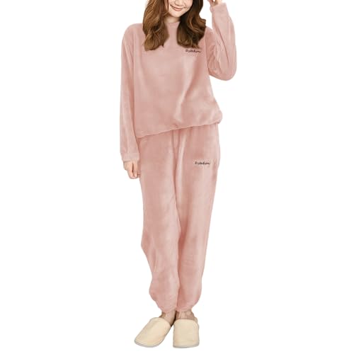 Hveuluop Gieen Damen Warm Rundkragen Bequem Koralle Samt Pyjamas gepolstert Herbst Winter Homewear Zweiteiliges Set(Pink) von Hveuluop Gieen