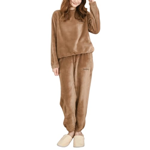 Hveuluop Gieen Damen Warm Rundkragen Bequem Koralle Samt Pyjamas gepolstert Herbst Winter Homewear Zweiteiliges Set (Coffee) von Hveuluop Gieen