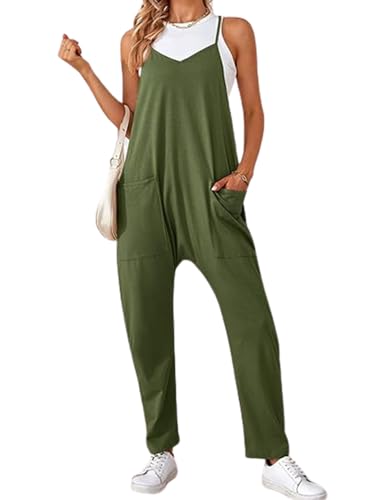 Hvewarm Damen Sommer Stretchy Einteiler Jumpsuits Lose Baggy Bequem Spaghettiträger Harem Umstandsoverall mit Taschen, Grün , Large von Hvewarm