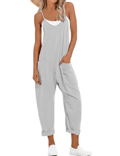 Hvewarm Damen Sommer Stretchy Einteiler Jumpsuits Lose Baggy Bequem Spaghettiträger Harem Umstandsoverall mit Taschen, Meliert, Grau, Large von Hvewarm