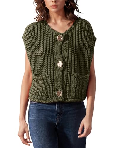 Hvewarm Lässige Grobstrick-Weste für Damen, goldfarben, Knopfleiste, gehäkelt, ärmellos, Pullover, Army Grün, X-Klein Hvewarm Lässige Grobstrick-Weste für Damen, goldfarben, Knopfleiste, gehäkelt, ärmellos, Pullover, Army Grün, X-Klein von Hvewarm