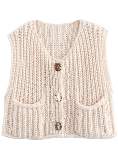 Hvewarm Lässige Grobstrick-Weste für Damen, goldfarben, Knopfleiste, gehäkelt, ärmellos, Pullover, Beige, Klein Hvewarm Lässige Grobstrick-Weste für Damen, goldfarben, Knopfleiste, gehäkelt, ärmellos, Pullover, Beige, Klein von Hvewarm