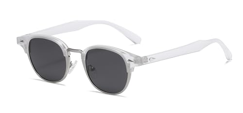Hviomru Classic Polarisierte Runde Sonnenbrillen für Damen und Herren Retro-Stil Halbbügelrahmen Sonnenbrillen Transparent-Silber/Grau von Hviomru