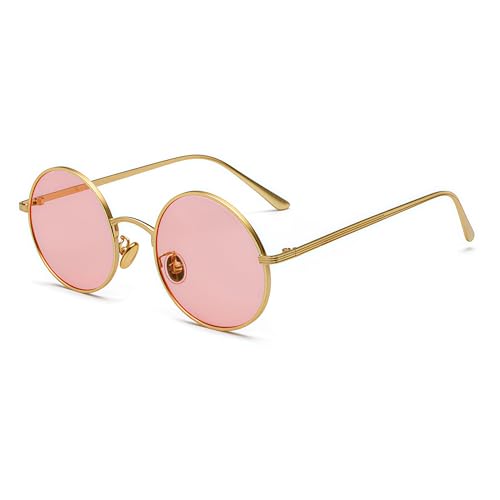 Hviomru Kleine Runde Sonnenbrille Hippie Kreis Brille Metallfarben für Damen Herren Gold/Pink von Hviomru