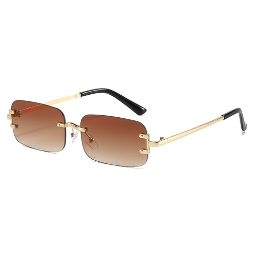 Hviomru Randlose Rechteck Sonnenbrille für Damen Herren Mode Trendy kleine schmale Rechteck Sonnenbrille (Gold/Brauner-Farbverlauf) von Hviomru
