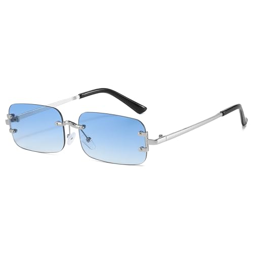 Hviomru Randlose Rechteck Sonnenbrille für Damen Herren Mode Trendy kleine schmale Rechteck Sonnenbrille Silber/Blau-Farbverlauf Hviomru Randlose Rechteck Sonnenbrille für Damen Herren Mode Trendy kleine schmale Rechteck Sonnenbrille Silber/Blau-Farbverlauf von Hviomru