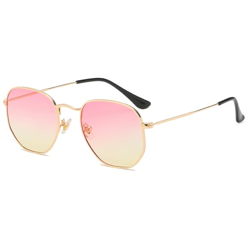 Hviomru Retro Polygon Sonnenbrille Herren Damen Vintage Quadrat Mode Sechseck Brille Gold/Gelb-Farbverlauf von Hviomru