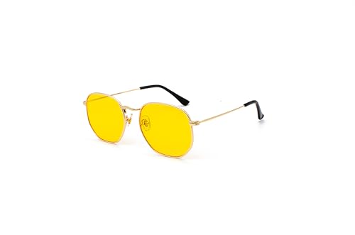 Hviomru Retro Polygon Sonnenbrille Herren Damen Vintage Quadrat Mode Sechseck Brille Gold/Gelb von Hviomru