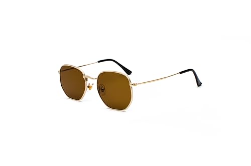 Hviomru Retro Polygon Sonnenbrille Herren Damen Vintage Quadrat Mode Sechseck Brille Gold/Gelbbraun von Hviomru