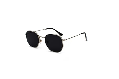 Hviomru Retro Polygon Sonnenbrille Herren Damen Vintage Quadrat Mode Sechseck Brille Silber/Schwarz von Hviomru