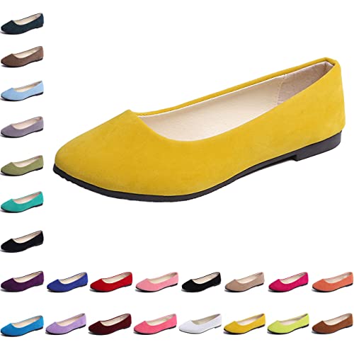 Hwalleum Damen-Ballettschuhe, schlichte, legere flache Schuhe, einfarbig, Pumps, Damen-Ballettschuhe, Ballerina, Arbeit, smart, Büro, formell, bequem, spitzer Zehenbereich, Schlupfschuhe, gelb, 38 EU von Hwalleum