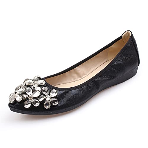 Hwalleum Elegante Strass Ballerinas für Damen, Ballettschuhe für Mädchen, flache Schuhe, perfekt für Hochzeit, Party, Tanz, Fahren, Reisen, Büro oder den ganzen Tag zu tragen., Schwarz , 40 EU von Hwalleum