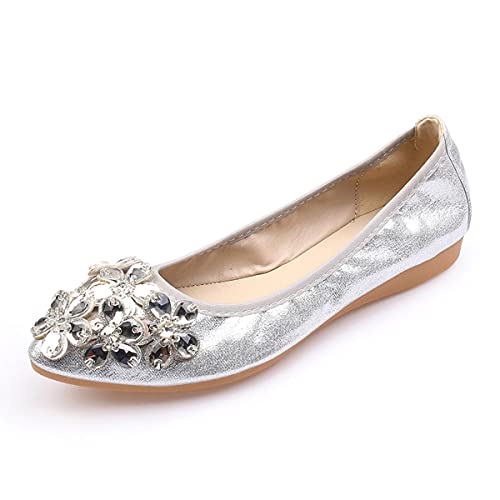 Hwalleum Elegante Strass Ballerinas für Damen, Ballettschuhe für Mädchen, flache Schuhe, perfekt für Hochzeit, Party, Tanz, Fahren, Reisen, Büro oder den ganzen Tag zu tragen., silber, 34 EU von Hwalleum