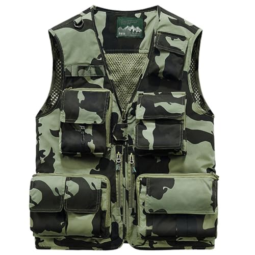 Hwalleum Herren Freien Tarnung Weste, Herren Sommer Leicht Vielen Taschen Camo Casual Gilets Outdoor Multifunktions Ärmellos Angeln Weste Geeignet für Camping Jagd Fotografie Wandern von Hwalleum