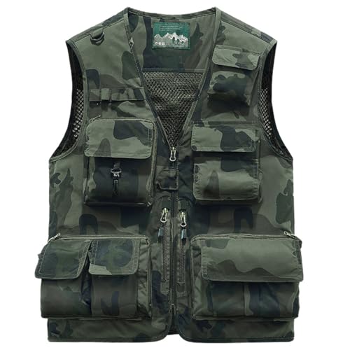Hwalleum Herren Freien Tarnung Weste, Herren Sommer Leicht Vielen Taschen Camo Casual Gilets Outdoor Multifunktions Ärmellos Angeln Weste Geeignet für Camping Jagd Fotografie Wandern von Hwalleum