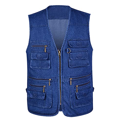 Hwalleum Herren Outdoor-Arbeits-Angel-Reise-Fotografie Weste, Herren Outdoor Freizeit Ärmellos Denim Weste mit Vielen Taschen Perfekt für den Täglichen Gebrauch und Outdoor-Aktivitäten von Hwalleum
