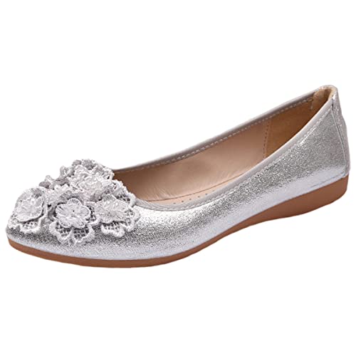 Hwalleum Stilvolle Ballerinas mit Hübscher Spitze und Blumendeko,Damen Mädchen Flache Schuhe Dolly Schuhe Ballerina Arbeit Sport Büro Turnhalle Tanz Hochzeit Party Fahren Spitzschuh von Hwalleum