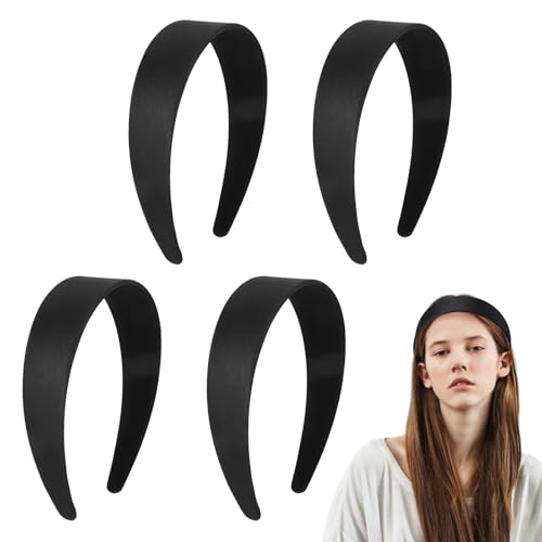 4 Stück 4cm Haarreif Schwarz, Klassische Satin Haarreifen Damen Schwarz, Massiv Schwarzer Haarreif Damen, Einfache, Elegante, Seriös, für Frauen Mädchen von HweeWanX