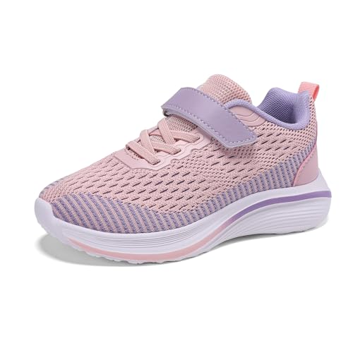 Hxiclrm Hallenschuhe Mädchen Turnschuhe Mädchen Sportschuhe Für Kinder Sneaker Atmungsaktiv Laufschuhe Rosa Lila 32EU von Hxiclrm