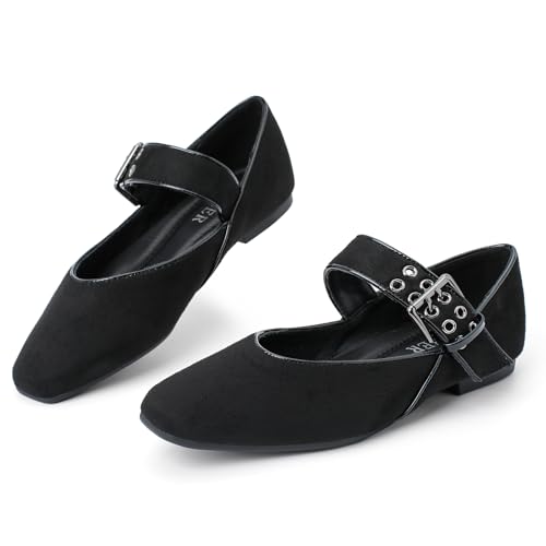 Hxlber Mary Jane Ballerinas für Damen, quadratischer Zehenbereich, Knöchelriemen, elegant, bequem, zum Reinschlüpfen, formelle Kleider, flache Schuhe, Schwarz, 43 EU von Hxlber