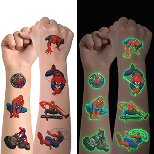 Tattoo Kinder, Leuchtende Temporäre Tattoo Set für Mädchen Jungen Kindertattoos Wasserdicht für Geburtstagsgeschenke Kindergeburtstag Mitgebsel Festival Party Deko (Leuchtende Spiderman) von Hxleucry